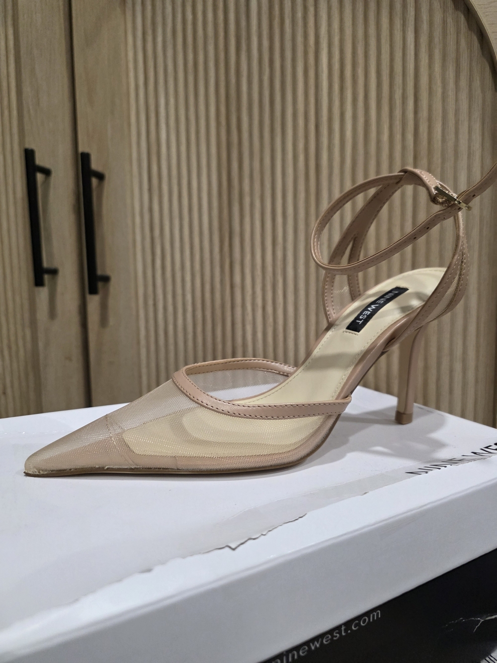 Nine West Blush Nude Mesh Pointed-Toe Ankle-Strap Stiletto